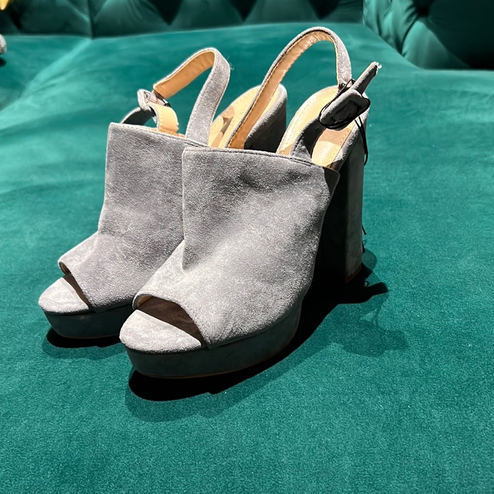 Suede open toe block heels